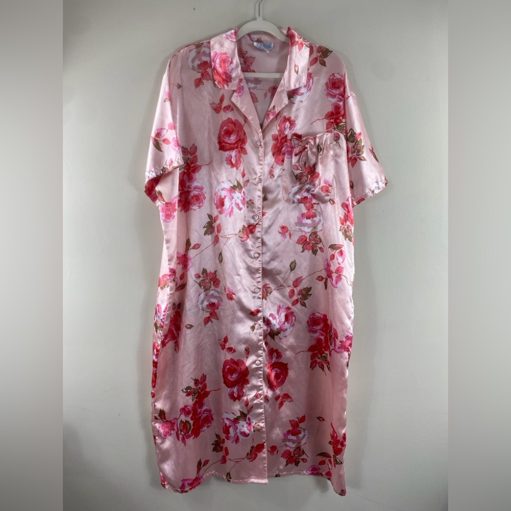 Vintage Pink Floral Satin Kimono Robe Nightshirt Pajama‎ One Size - Picture 2 of 11